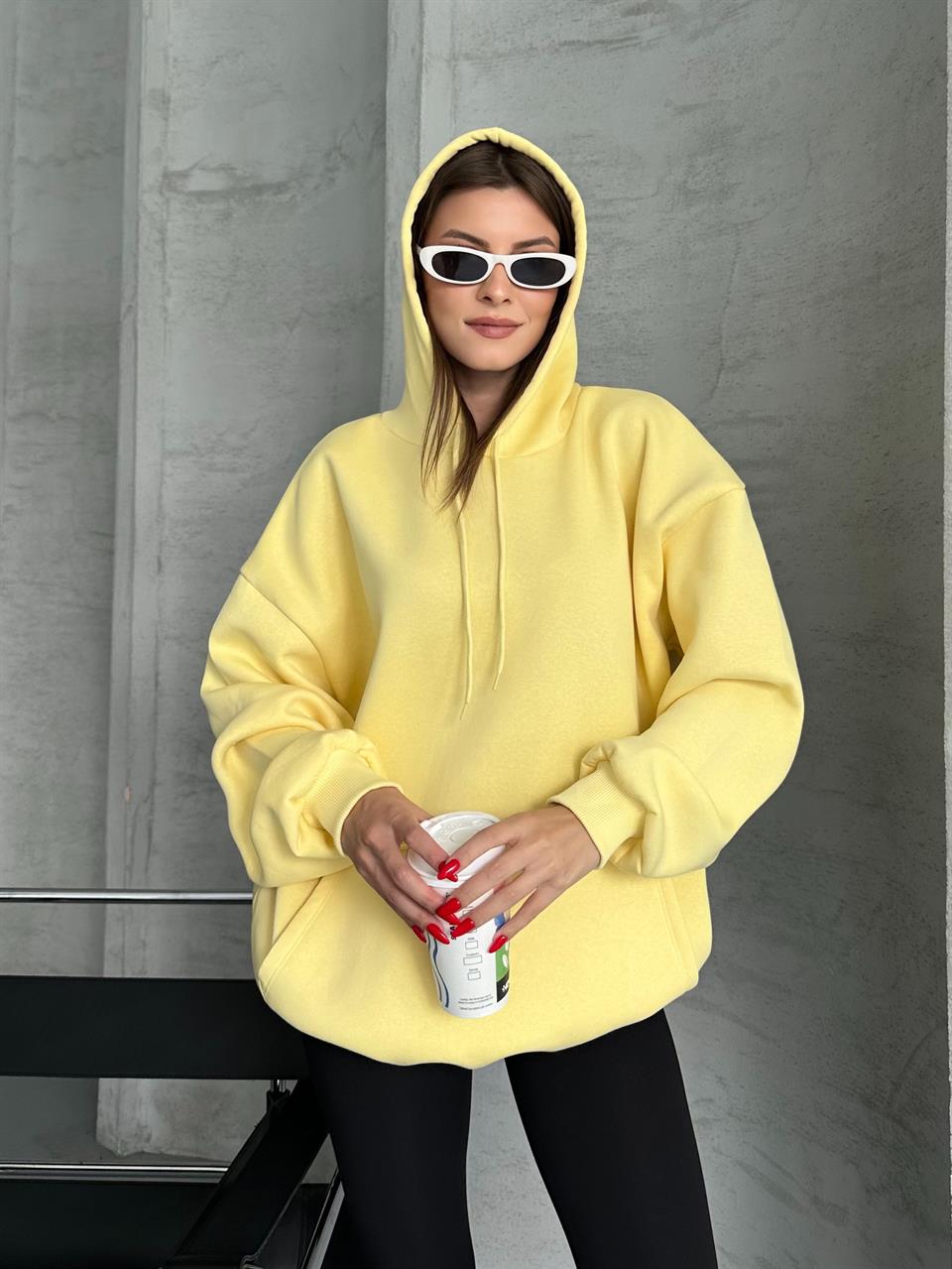 Unisex Kanguru Cepli Kapüşonlu Sarı Sweatshirt