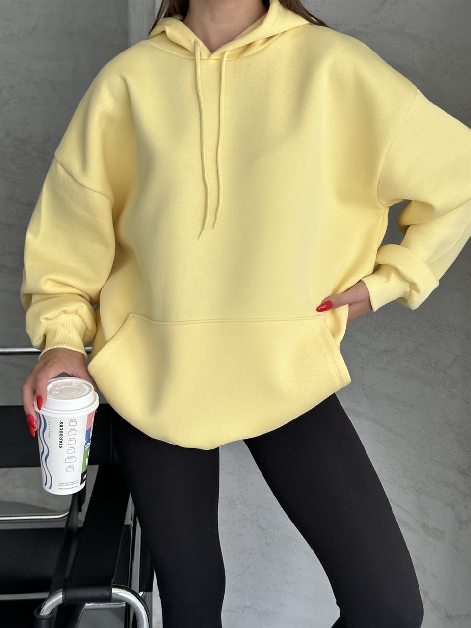 Unisex Kanguru Cepli Kapüşonlu Sarı Sweatshirt