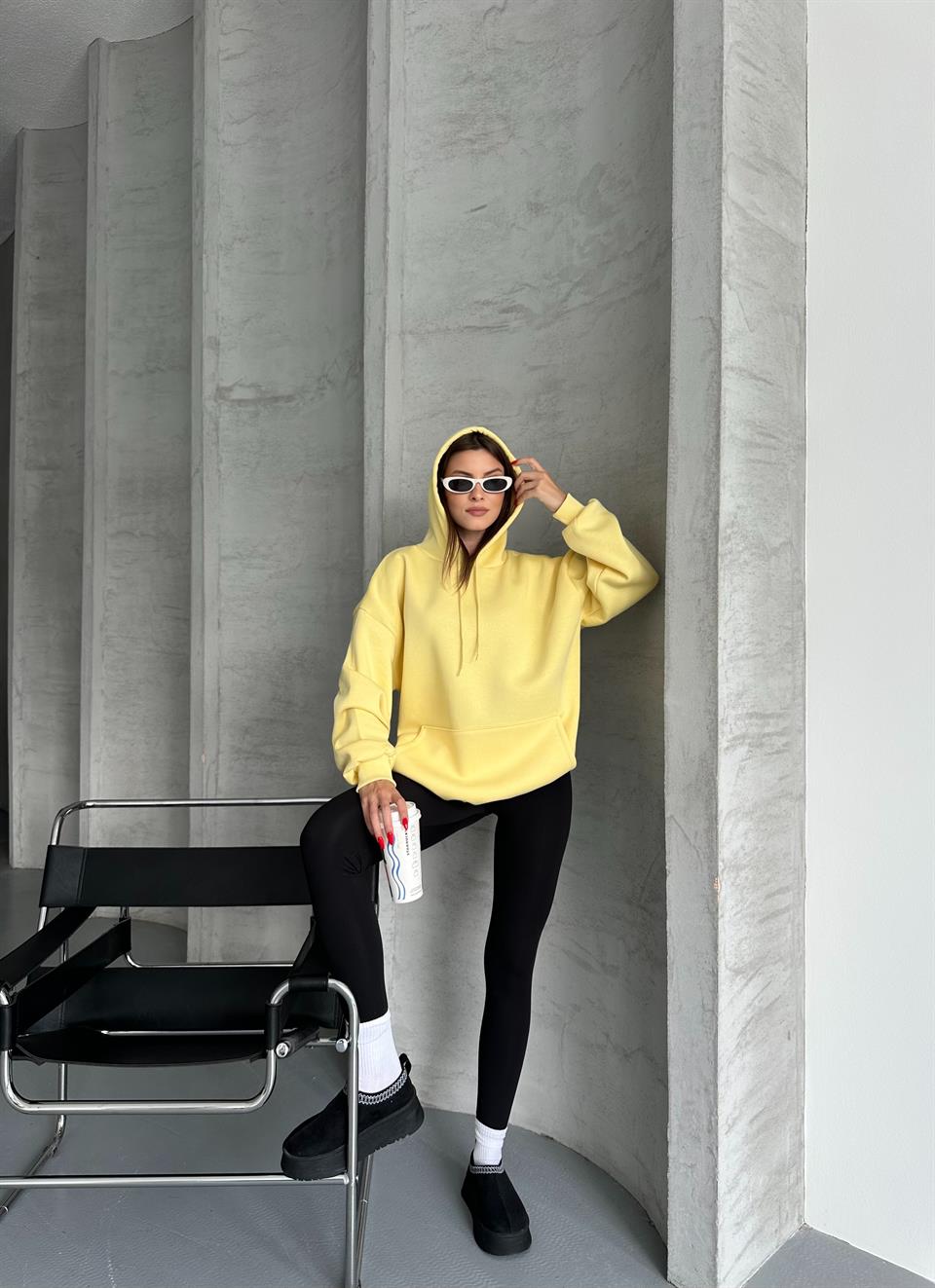 Unisex Kanguru Cepli Kapüşonlu Sarı Sweatshirt