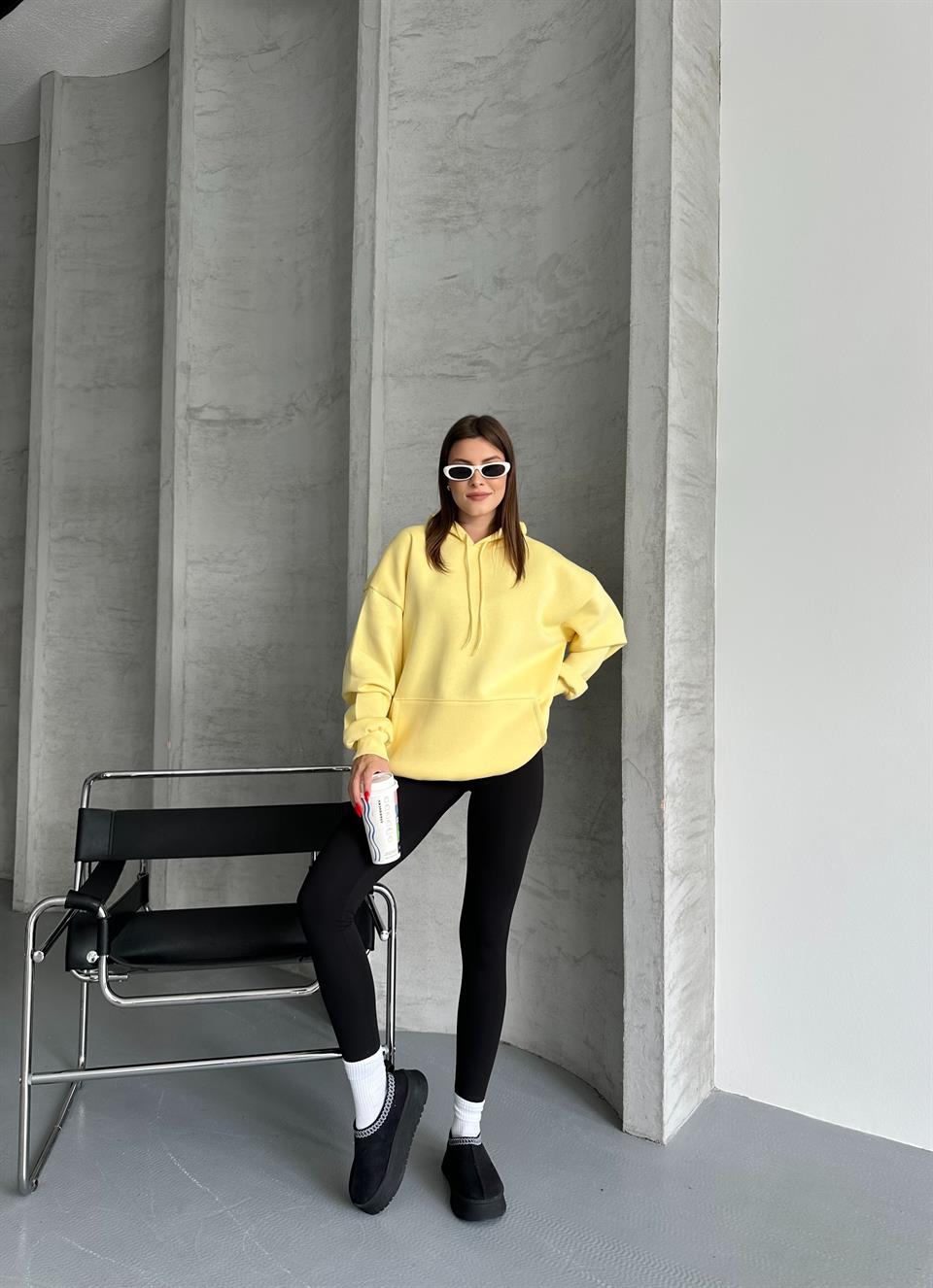 Unisex Kanguru Cepli Kapüşonlu Sarı Sweatshirt