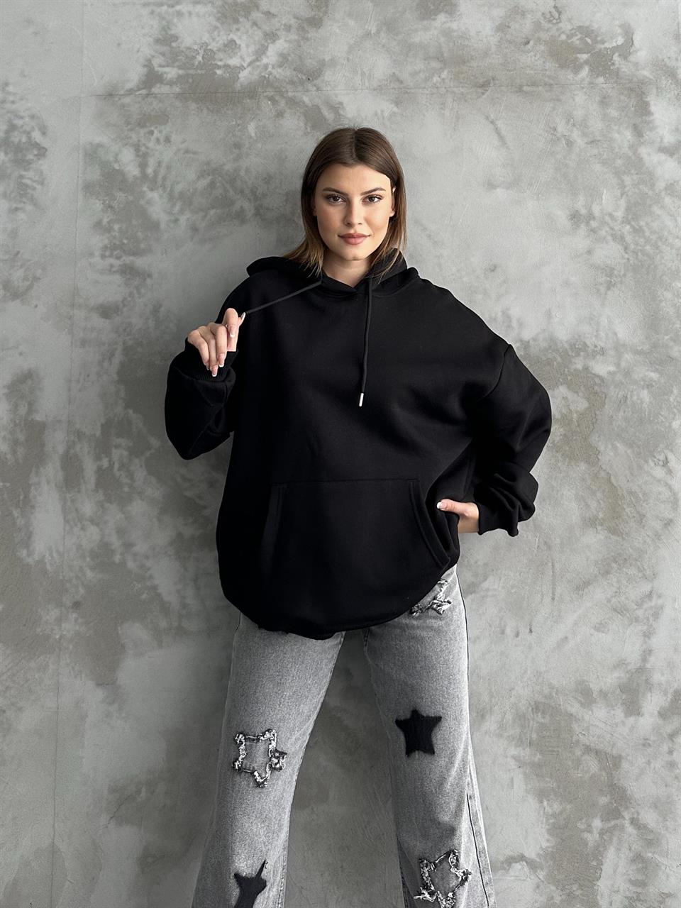 Unisex Kanguru Cepli Kapüşonlu Siyah Sweatshirt