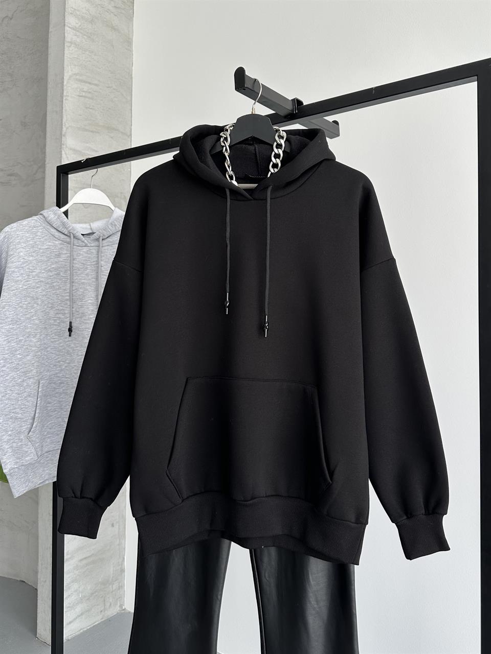 Unisex Kanguru Cepli Kapüşonlu Siyah Sweatshirt