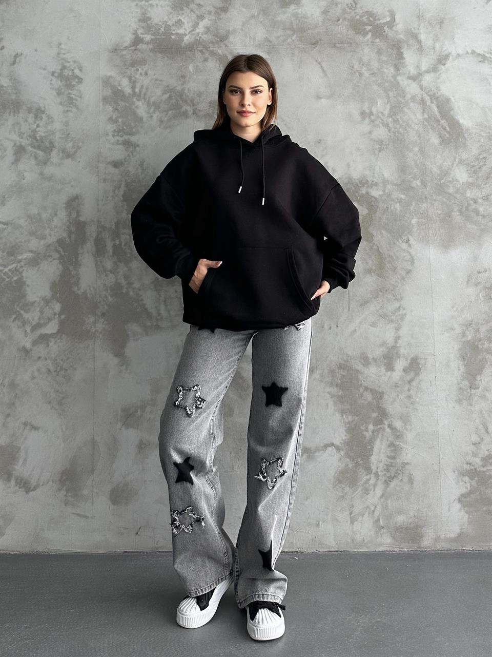 Unisex Kanguru Cepli Kapüşonlu Siyah Sweatshirt