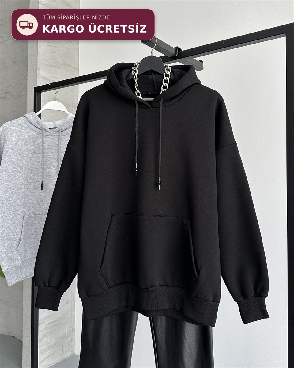 Unisex Kanguru Cepli Kapüşonlu Siyah Sweatshirt