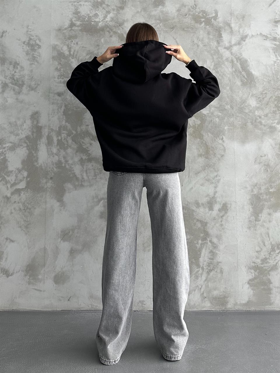 Unisex Kanguru Cepli Kapüşonlu Siyah Sweatshirt