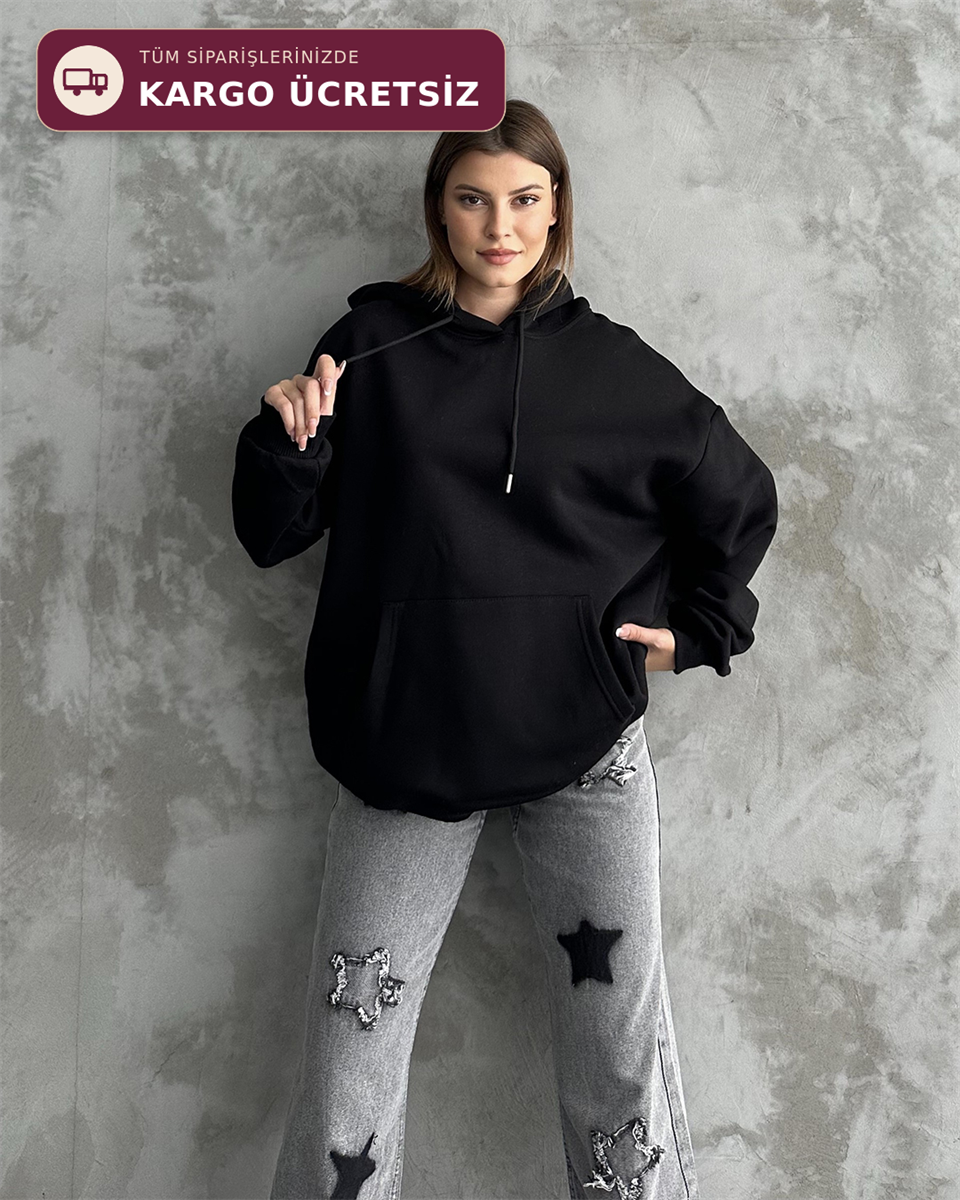 Unisex Kanguru Cepli Kapüşonlu Siyah Sweatshirt