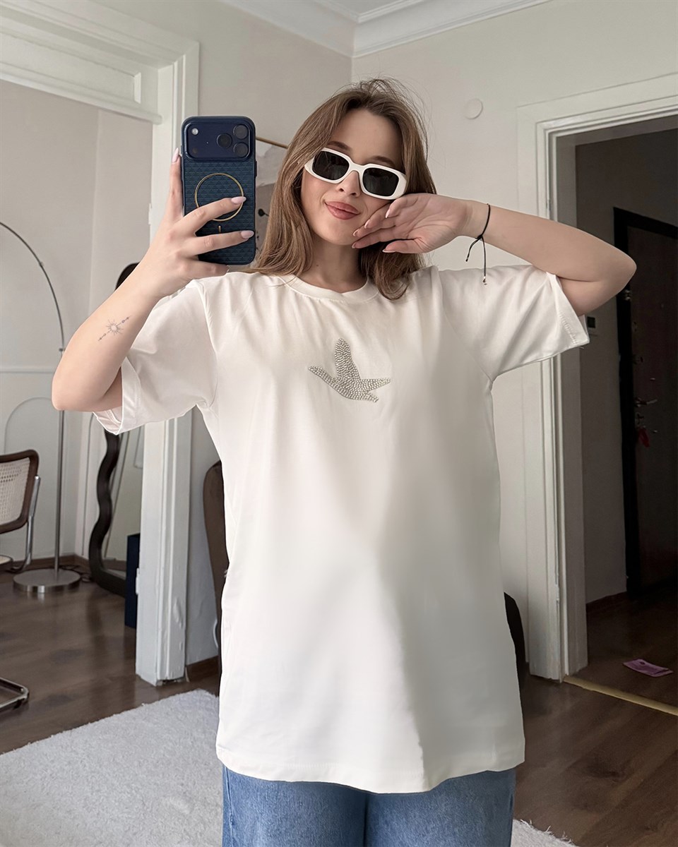 Unisex Kuş Beyaz Tişört