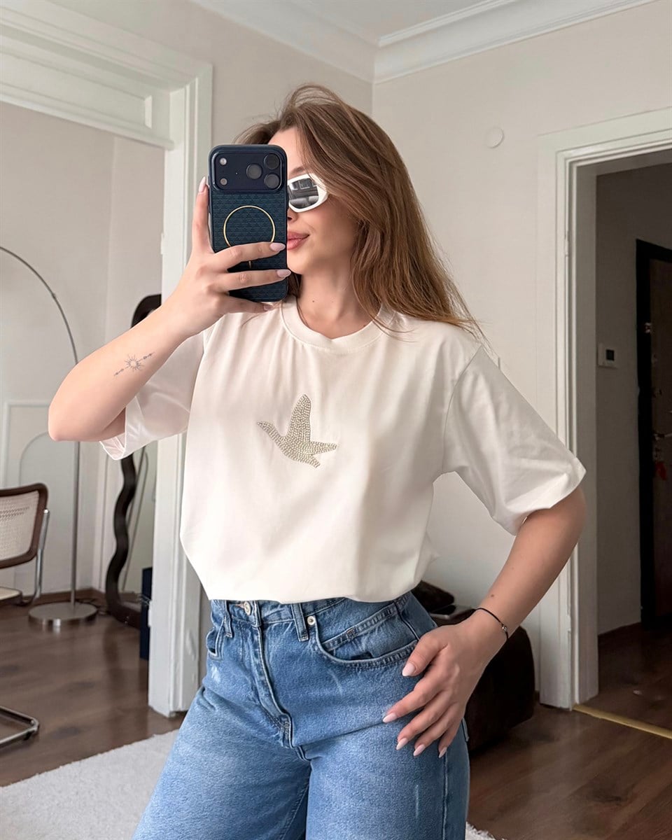 Unisex Kuş Beyaz Tişört