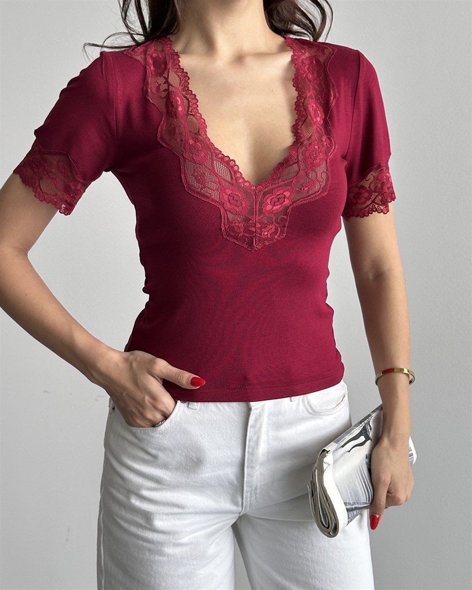 V Yaka Dantelli Bordo Bluz