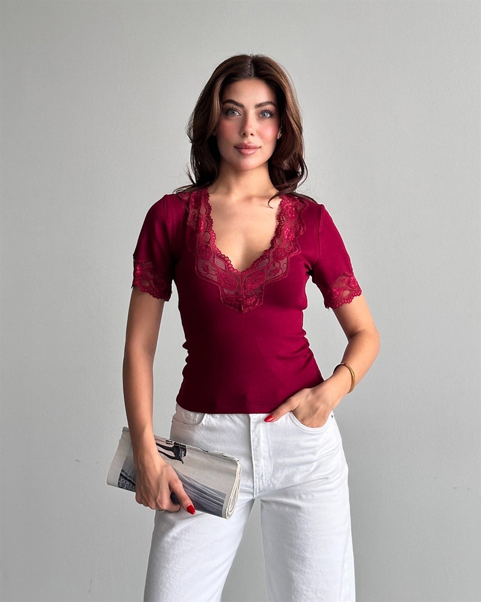 V Yaka Dantelli Bordo Bluz