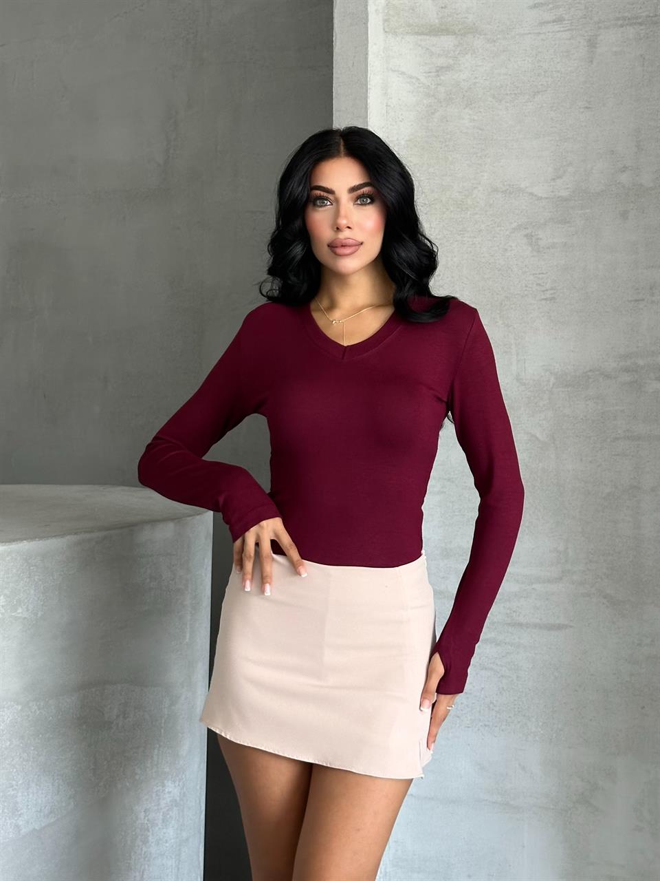 V Yaka Uzun Kollu Bordo Basic Bluz