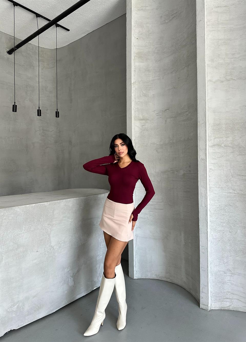 V Yaka Uzun Kollu Bordo Basic Bluz