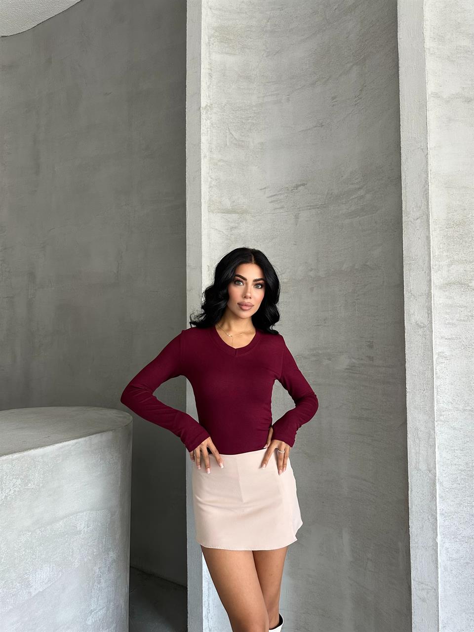 V Yaka Uzun Kollu Bordo Basic Bluz