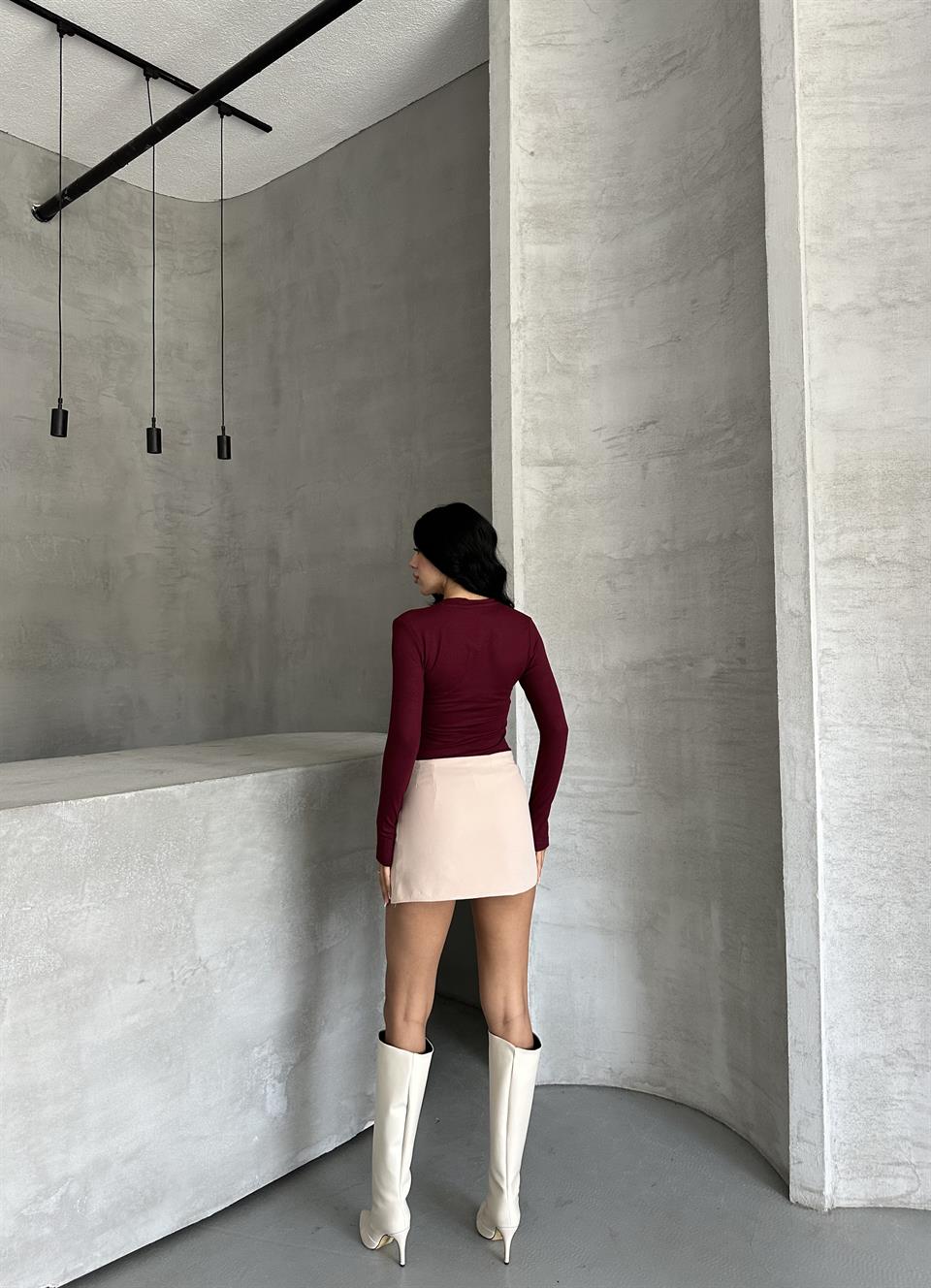 V Yaka Uzun Kollu Bordo Basic Bluz