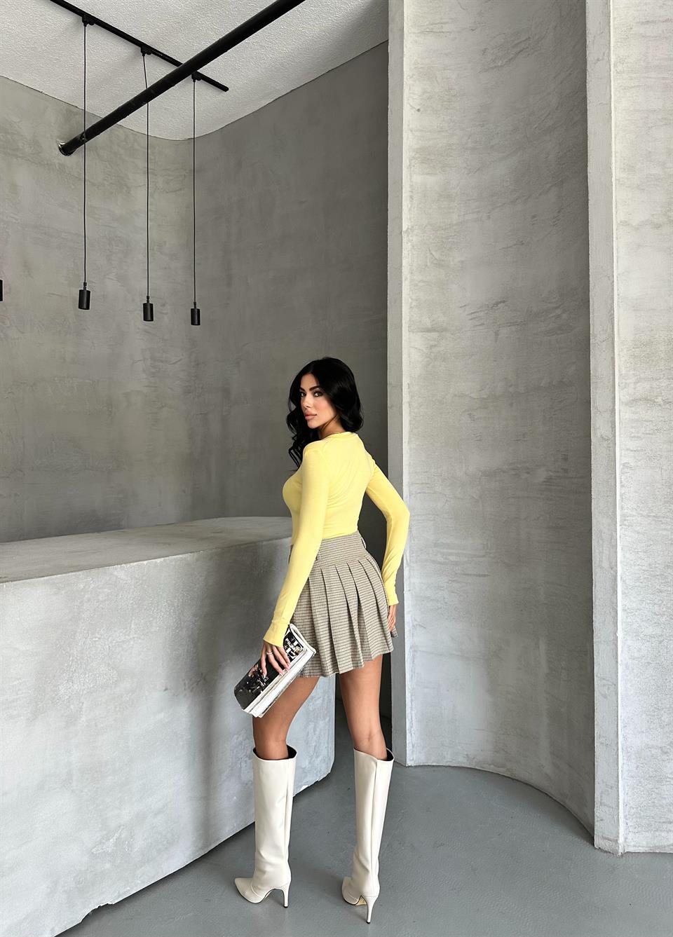 V Yaka Uzun Kollu Sarı Basic Bluz