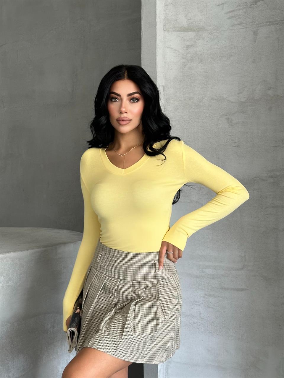 V Yaka Uzun Kollu Sarı Basic Bluz