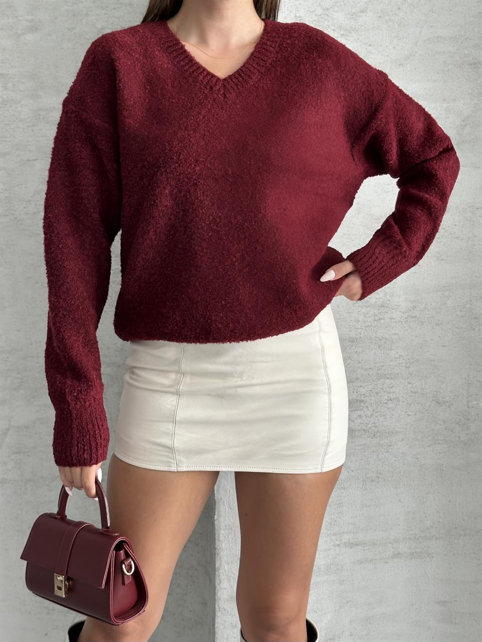 V Yaka Yumuşak Bordo Oversize Kazak