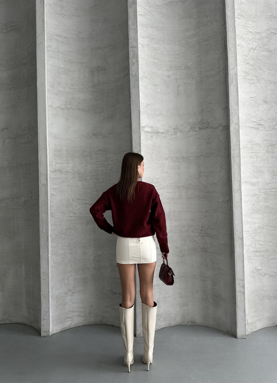 V Yaka Yumuşak Bordo Oversize Kazak