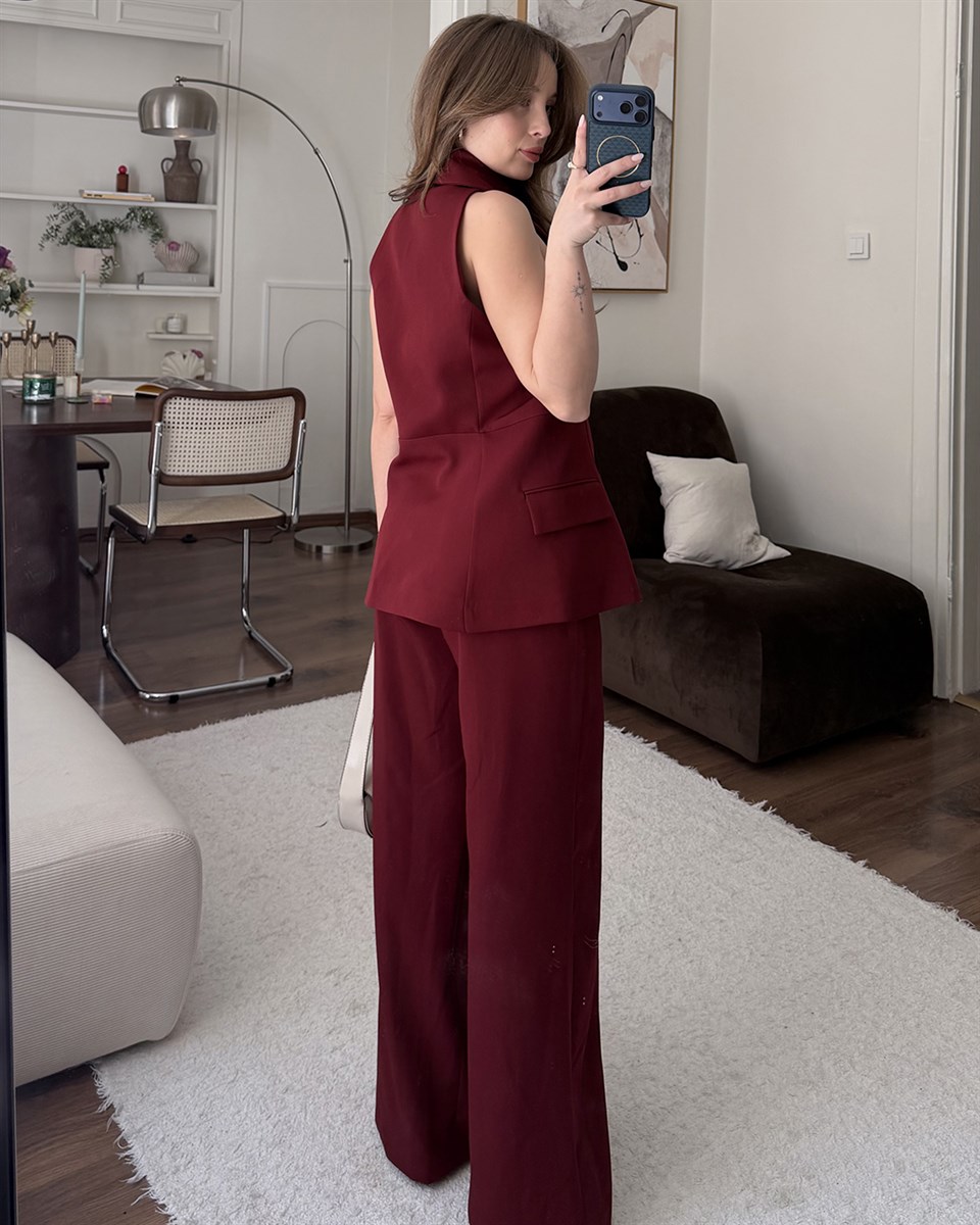 Valeria Gold Düğme Detaylı Bordo Yelek Pantolon Takım
