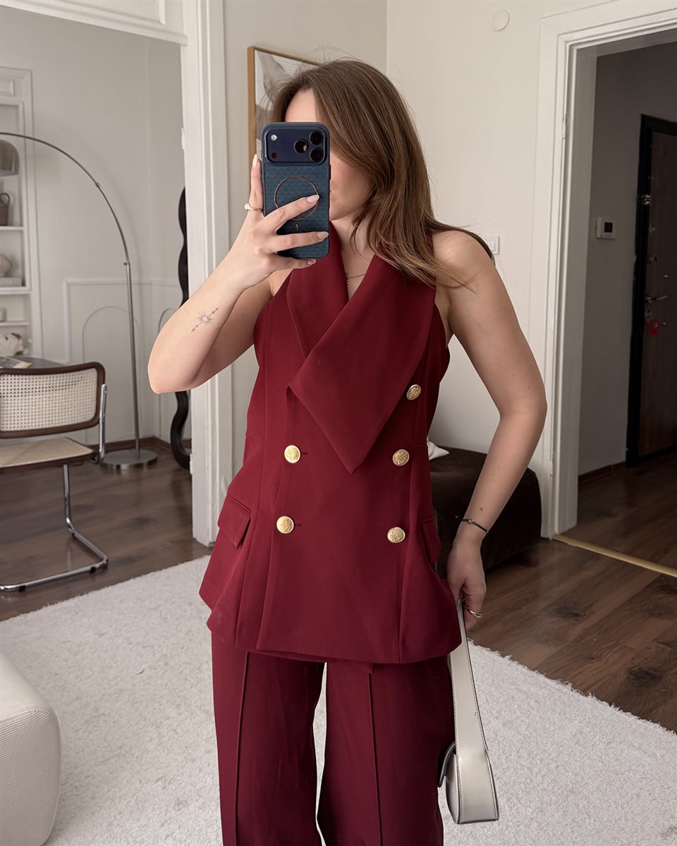 Valeria Gold Düğme Detaylı Bordo Yelek Pantolon Takım