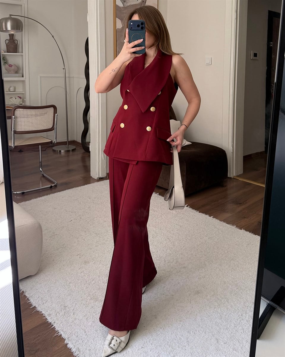 Valeria Gold Düğme Detaylı Bordo Yelek Pantolon Takım
