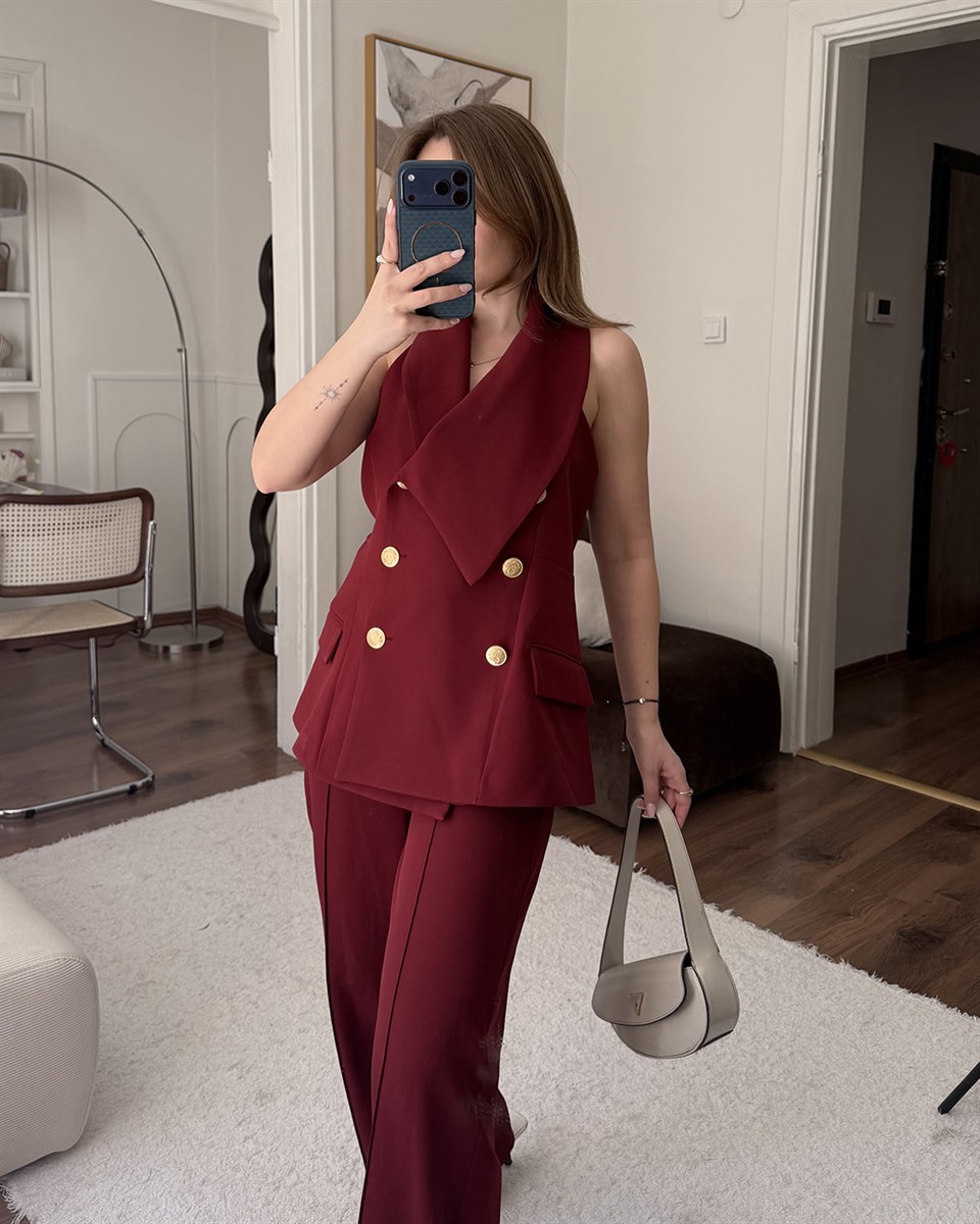 Valeria Gold Düğme Detaylı Bordo Yelek Pantolon Takım