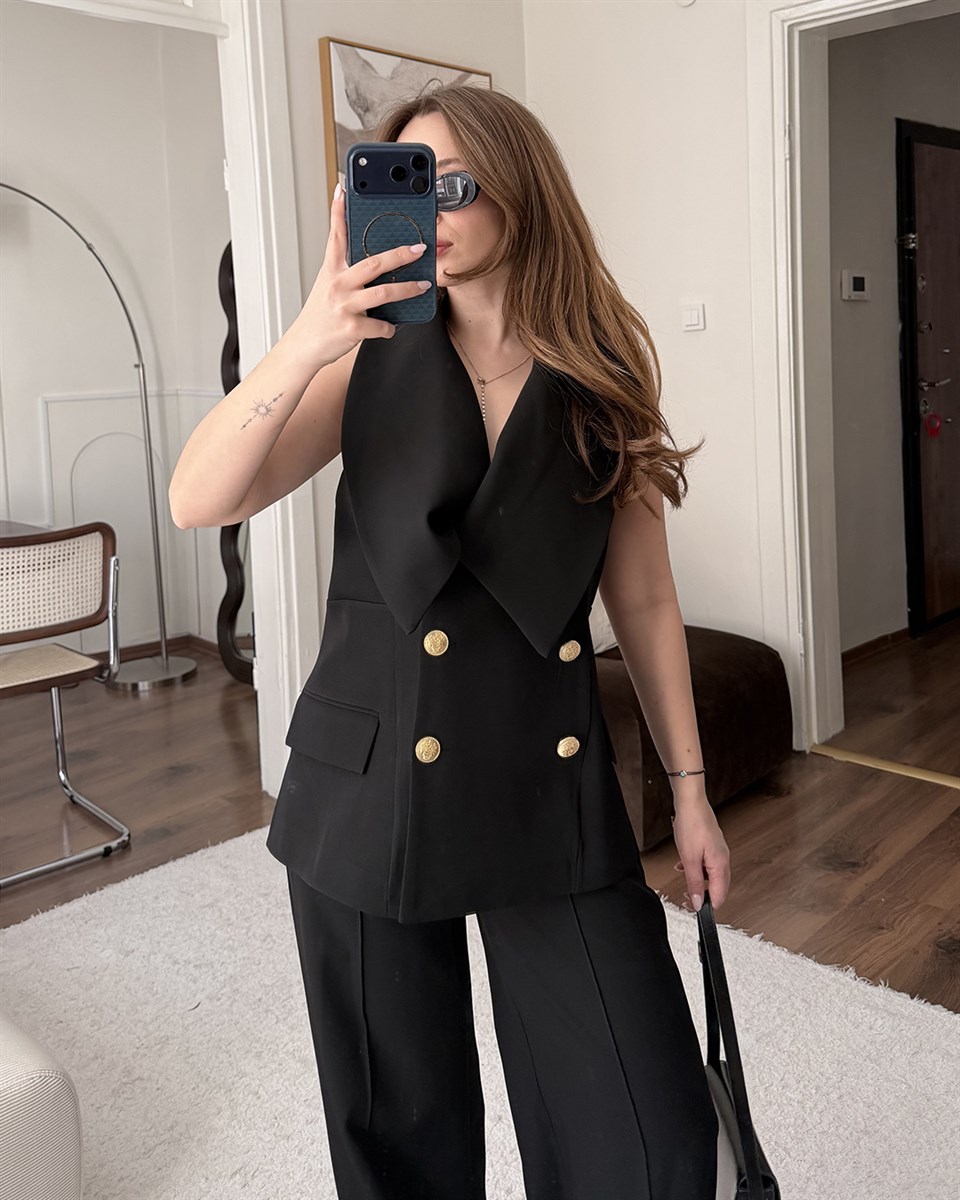 Valeria Gold Düğme Detaylı Siyah Yelek Pantolon Takım