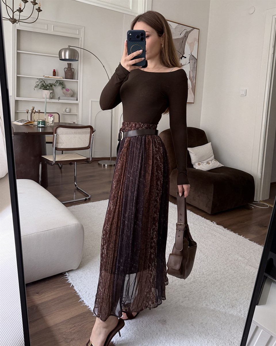 Vintage Desenli Şifon Piliseli Etek