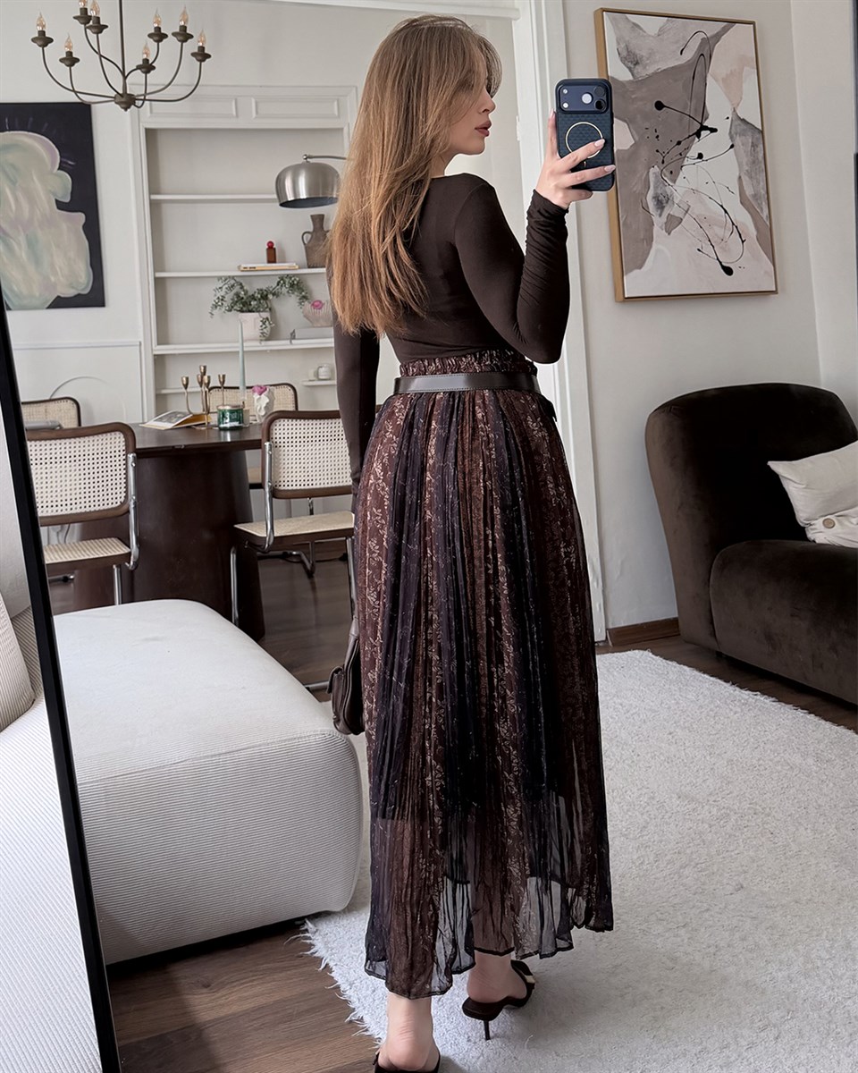 Vintage Desenli Şifon Piliseli Etek