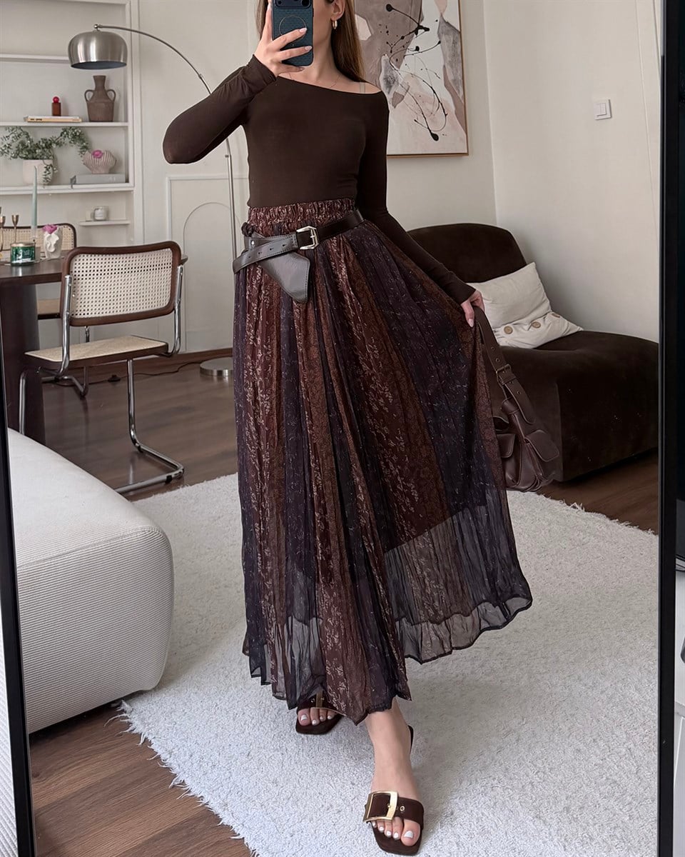 Vintage Desenli Şifon Piliseli Etek