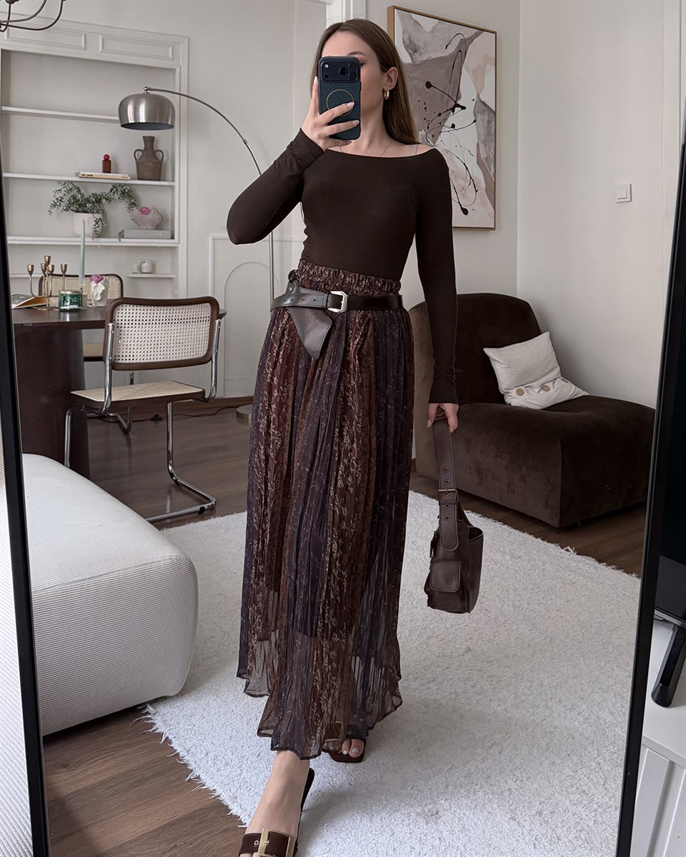 Vintage Desenli Şifon Piliseli Etek