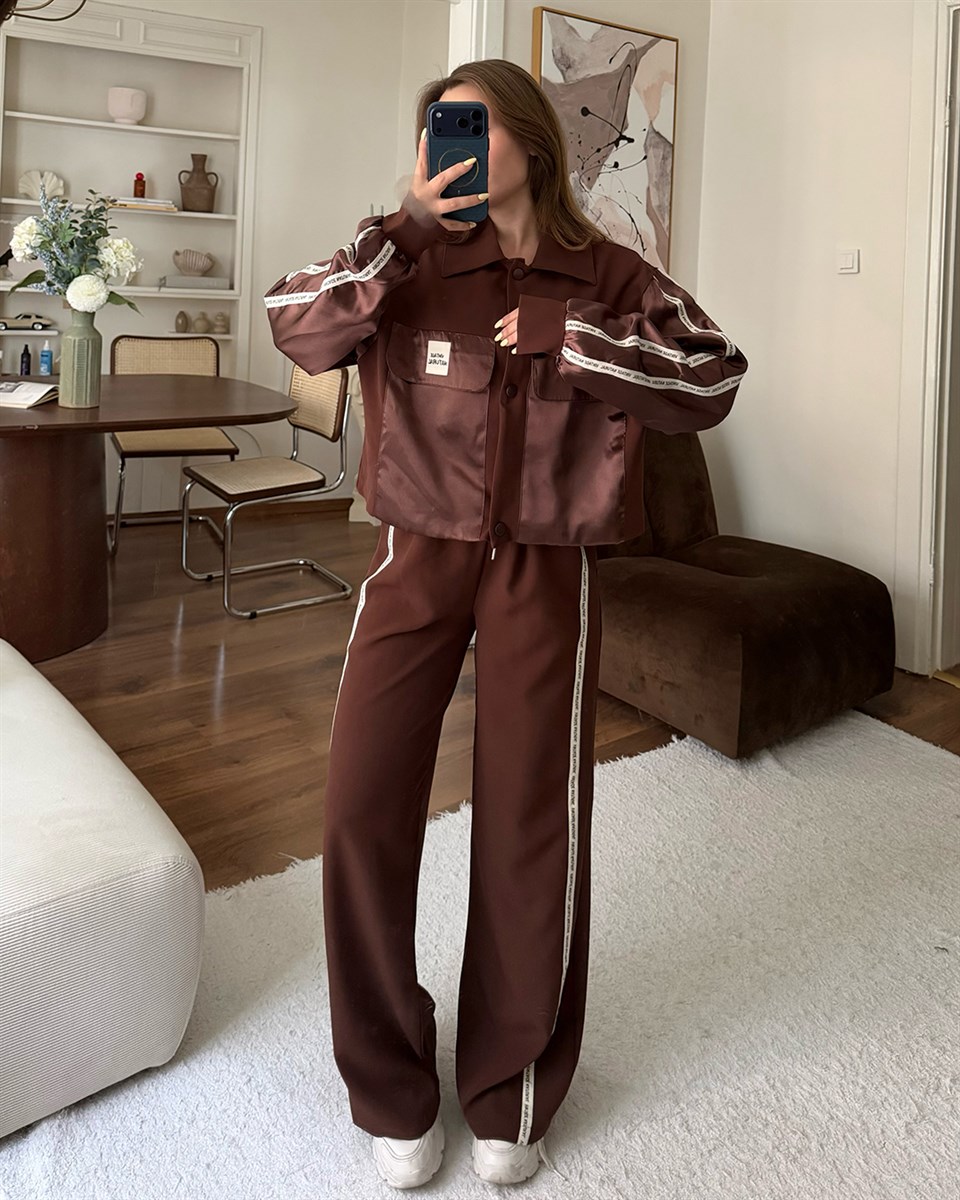 Vintage Saten Detaylı Bomber Ceket Kahverengi İkili Takım