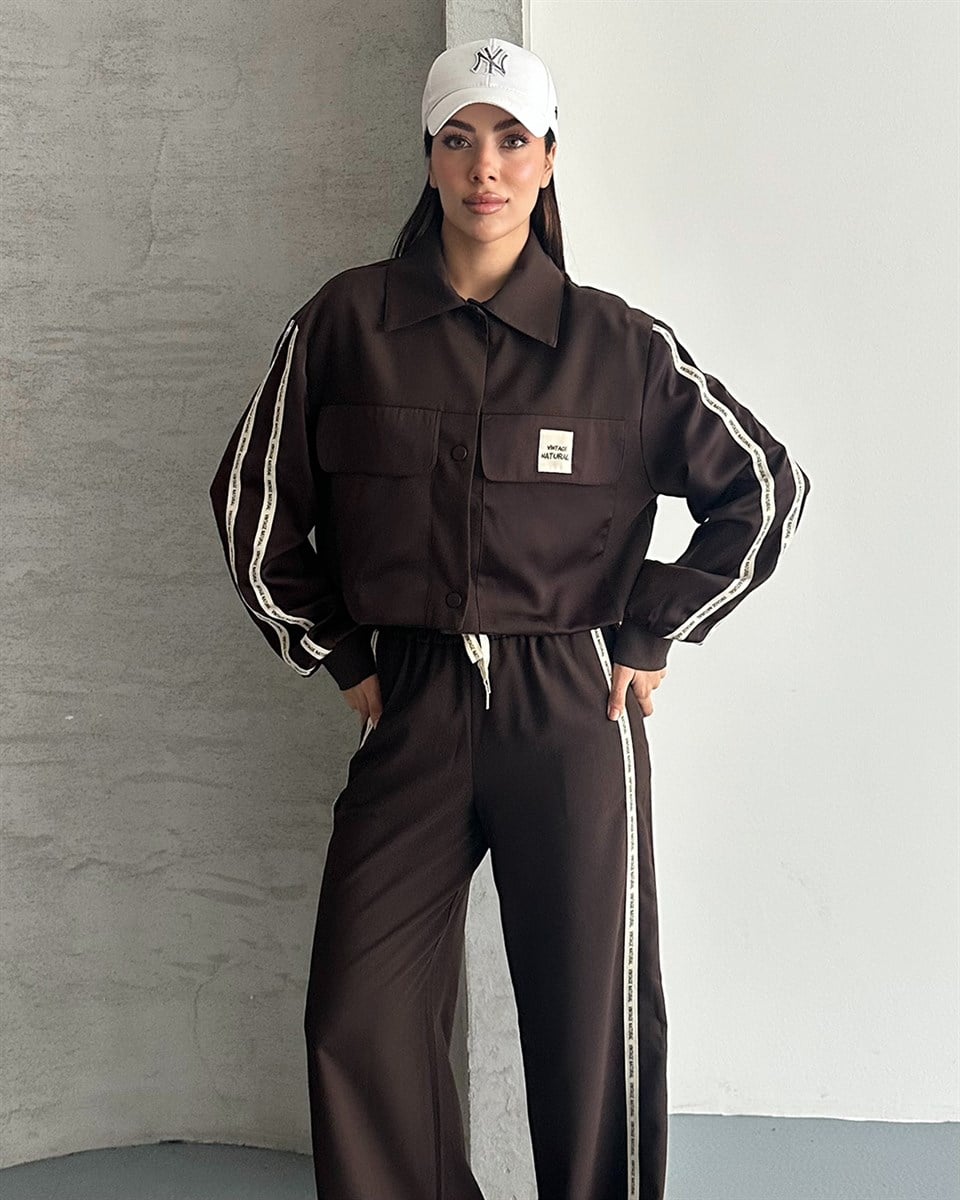Vintage Saten Detaylı Bomber Ceket Kahverengi İkili Takım