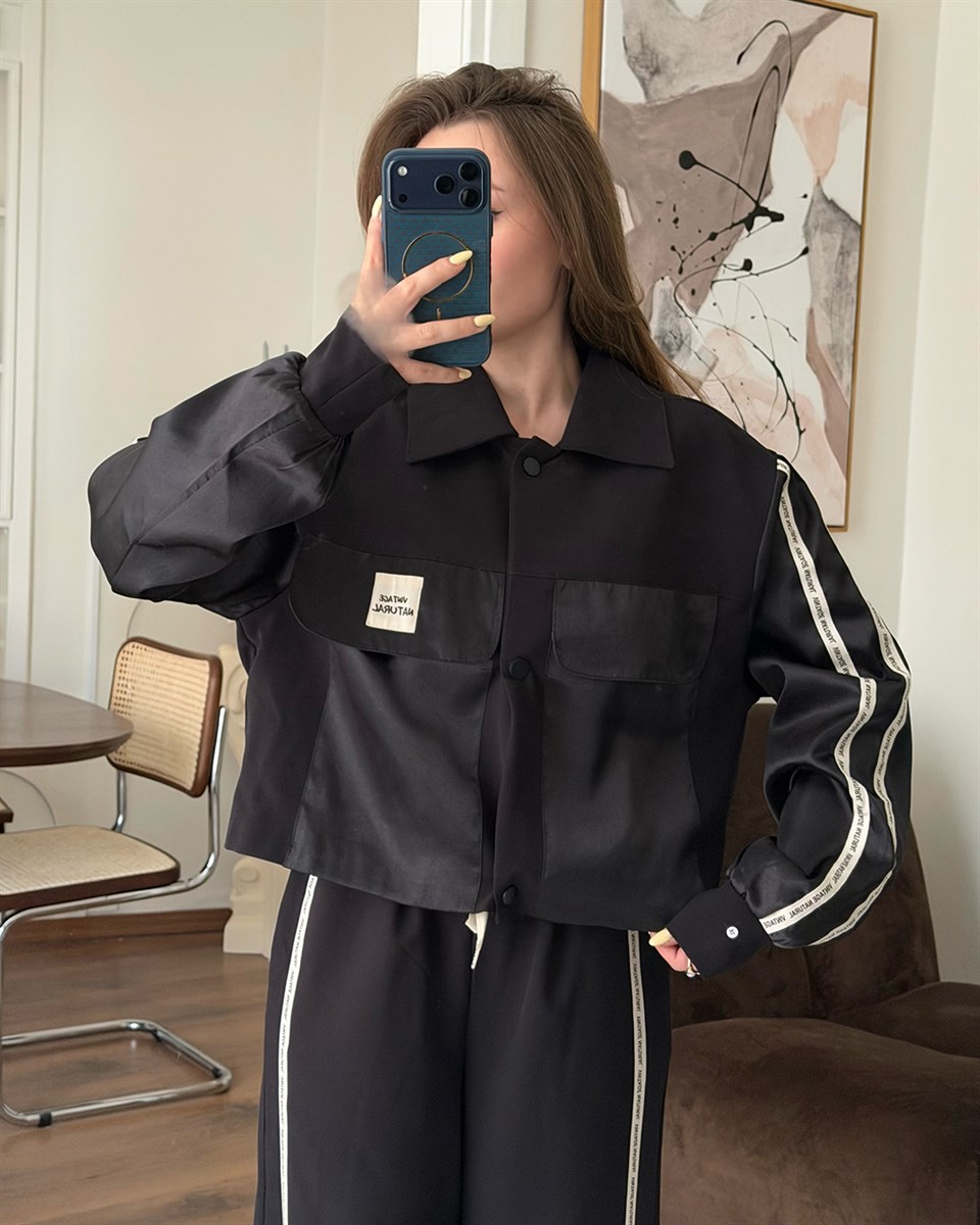 Vintage Saten Detaylı Bomber Ceket Siyah İkili Takım