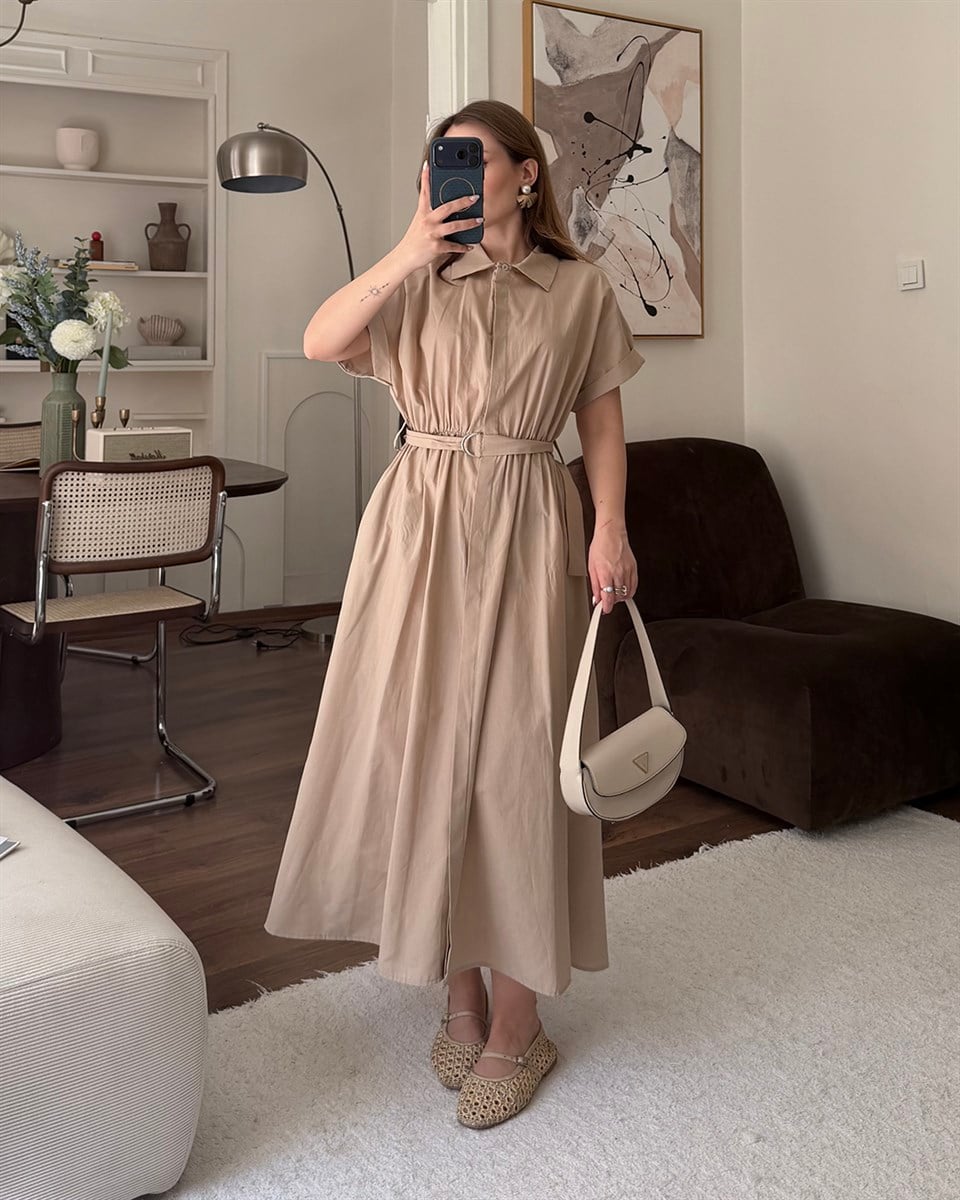 Vizon Kemerli Midi Elbise