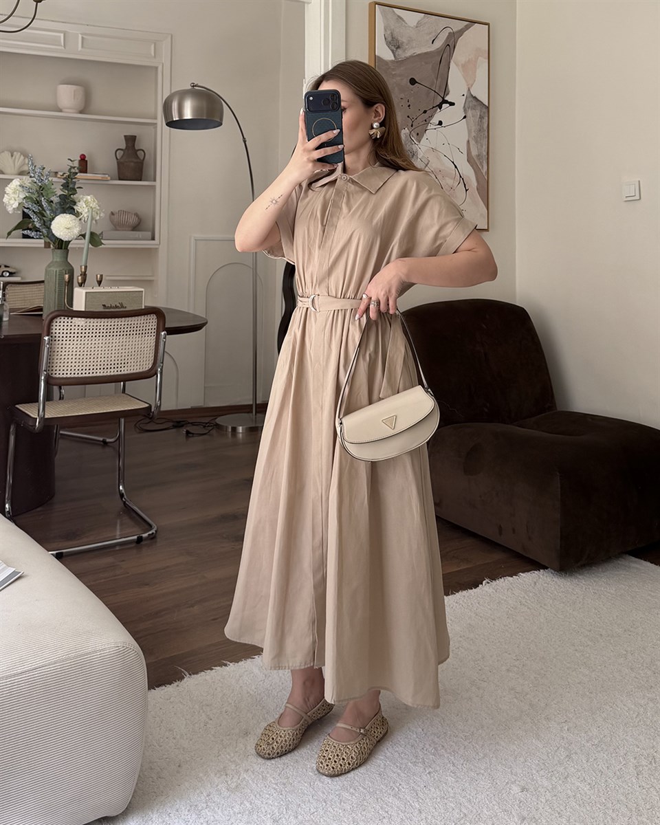 Vizon Kemerli Midi Elbise