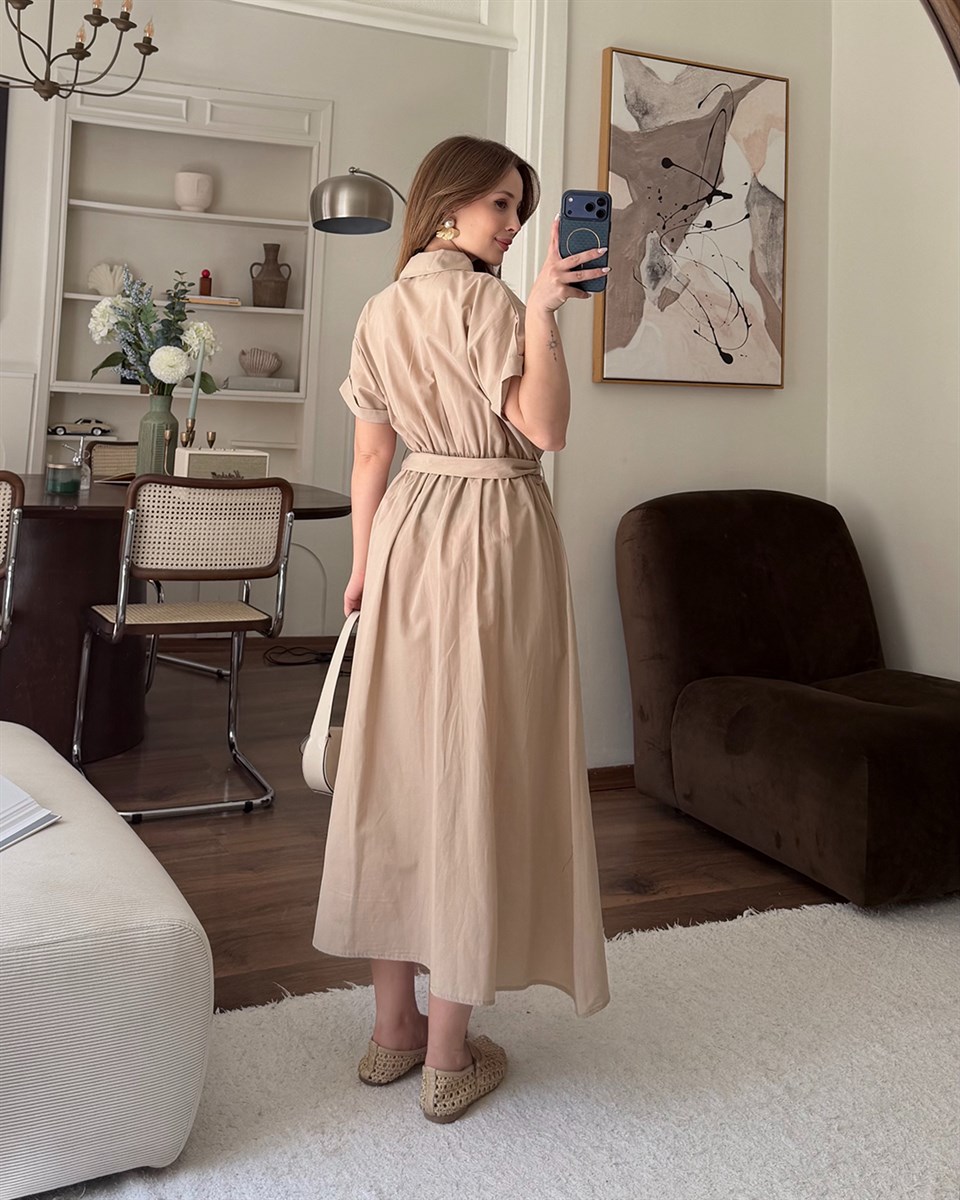 Vizon Kemerli Midi Elbise