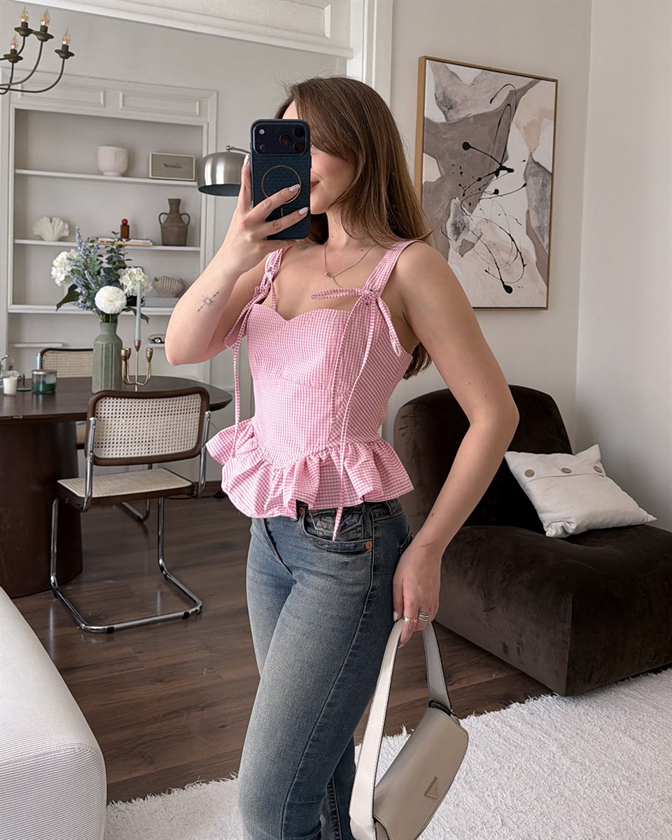 Volanlı Pembe Pötikareli Büstiyer
