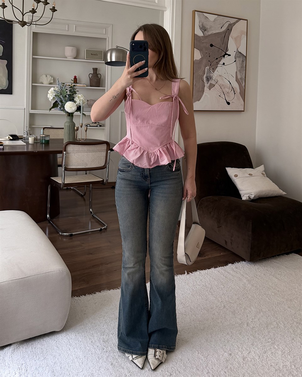 Volanlı Pembe Pötikareli Büstiyer