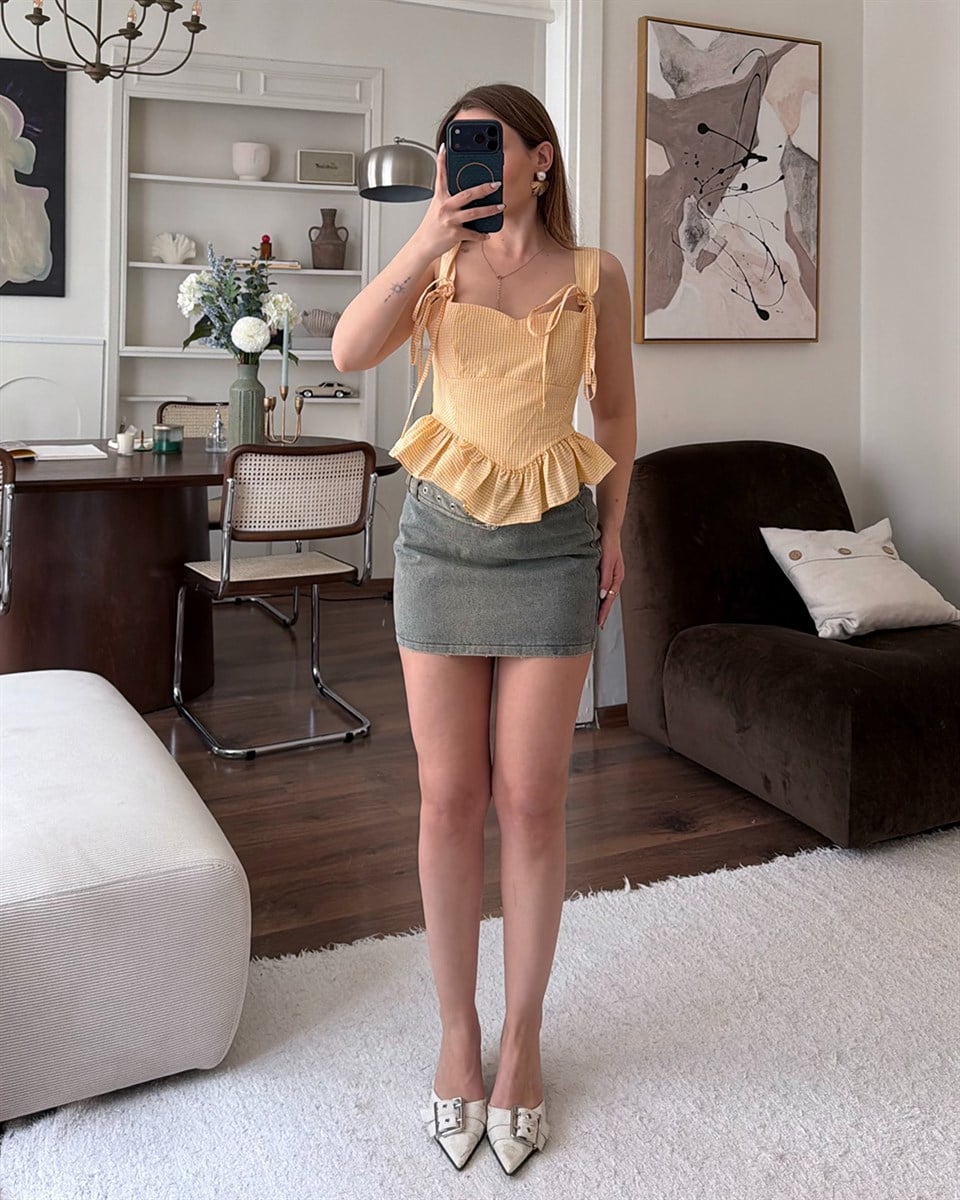 Volanlı Sarı Pötikareli Büstiyer