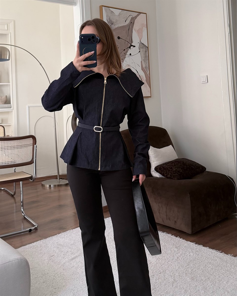 Büyük Yaka Fermuarlı Kemerli Denim Gömlek Ceket