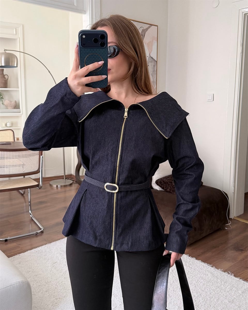 Büyük Yaka Fermuarlı Kemerli Denim Gömlek Ceket
