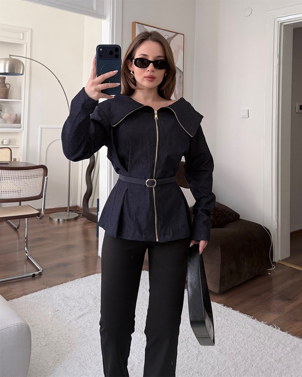 Büyük Yaka Fermuarlı Kemerli Denim Gömlek Ceket
