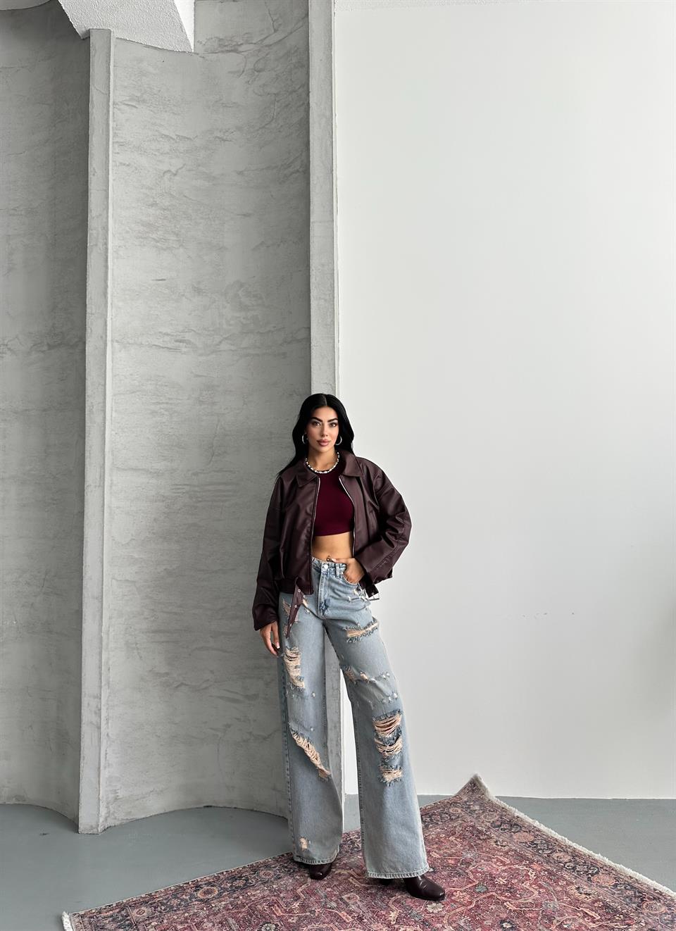 Yakalı Bordo Deri Ceket