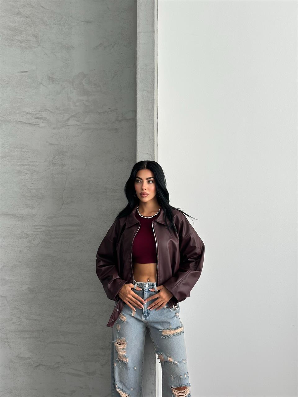 Yakalı Bordo Deri Ceket
