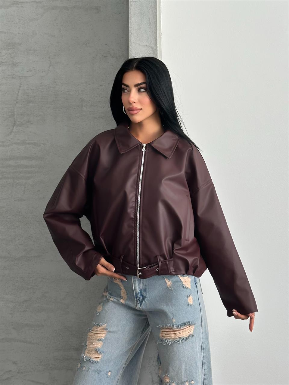 Yakalı Bordo Deri Ceket