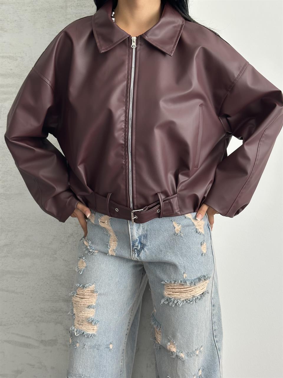 Yakalı Bordo Deri Ceket