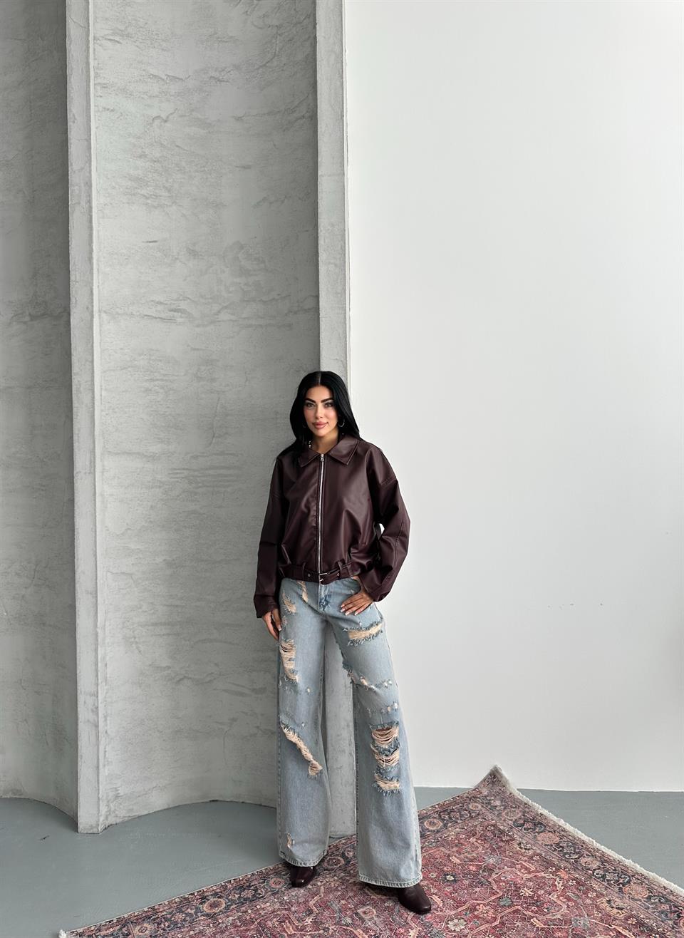 Yakalı Bordo Deri Ceket