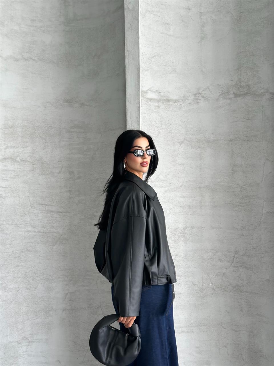 Yakalı Siyah Deri Ceket