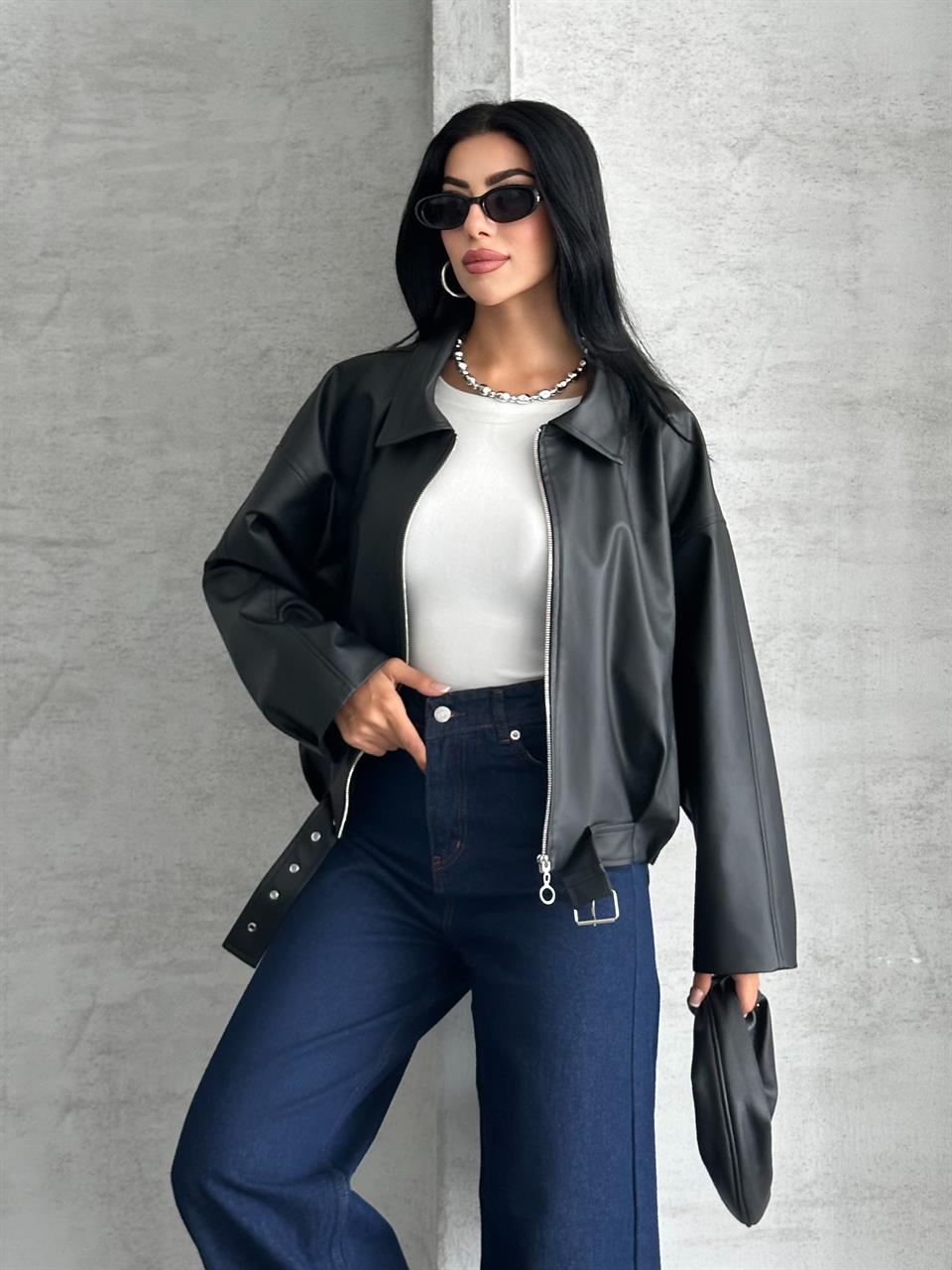 Yakalı Siyah Deri Ceket